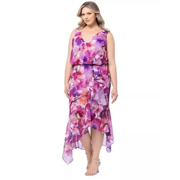 179$ XSCAPE Floral Blouson High-Low Hem Maxi Dress Plus Size 18W Multicolor